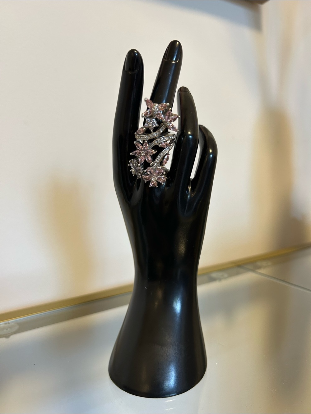 Floral Pink Crystal Statement Ring - Size 8